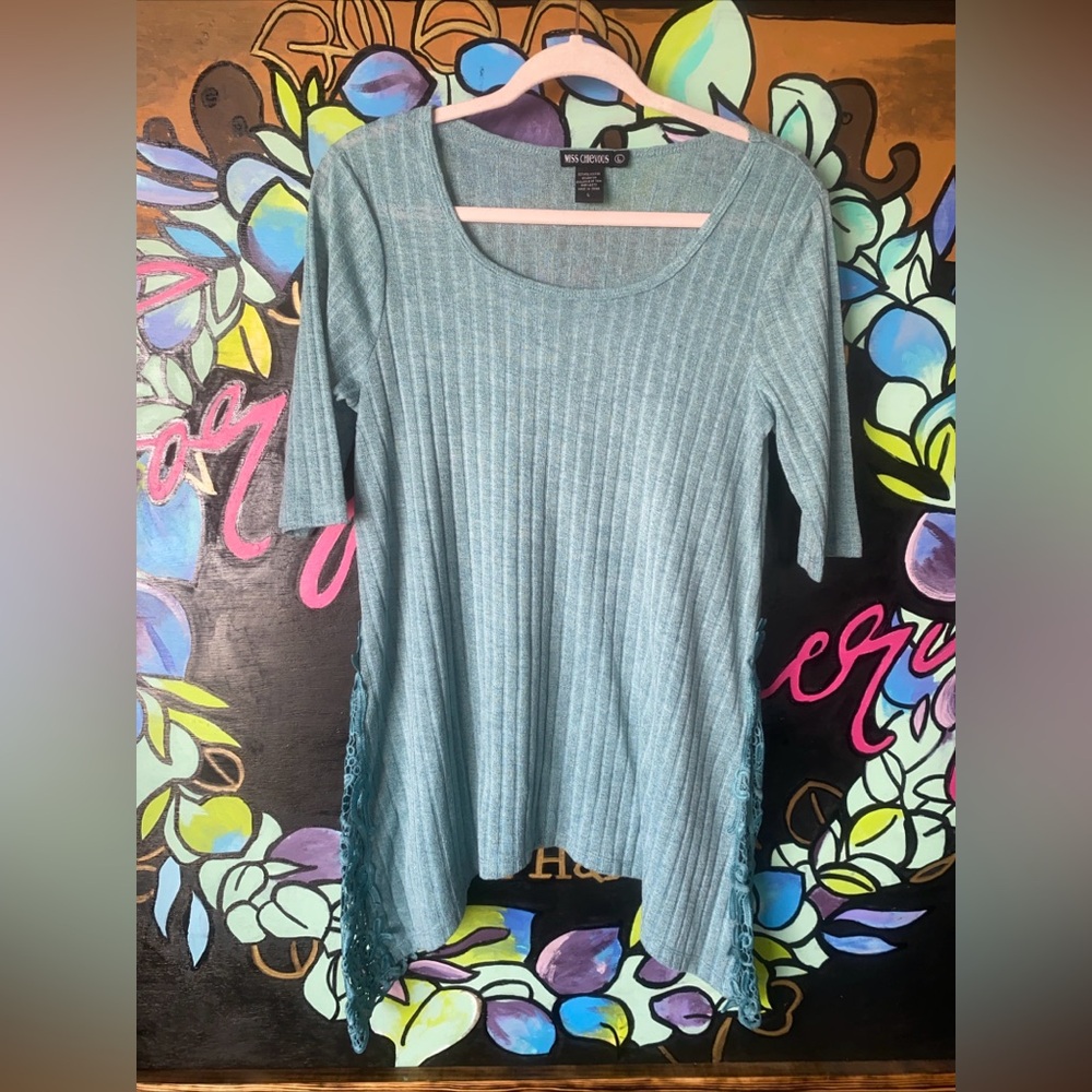 Miss Chievous  ribbed knit top with lace side details Womens Large Mint Green